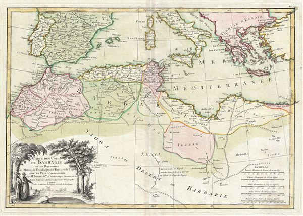 Carte des Cotes de Barbarie ou les Royaumes de Maroc, de Fez, d'Alger, de Tunis, et de Tripoli avec les Pays Circonvoisins. - Main View