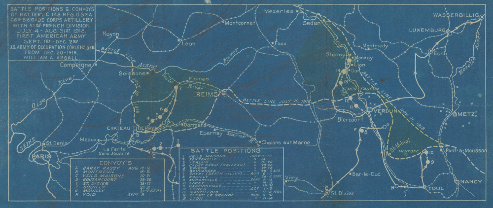1919 Argall WWI Cyanotype Map of Battery C, 148th Regiment in France