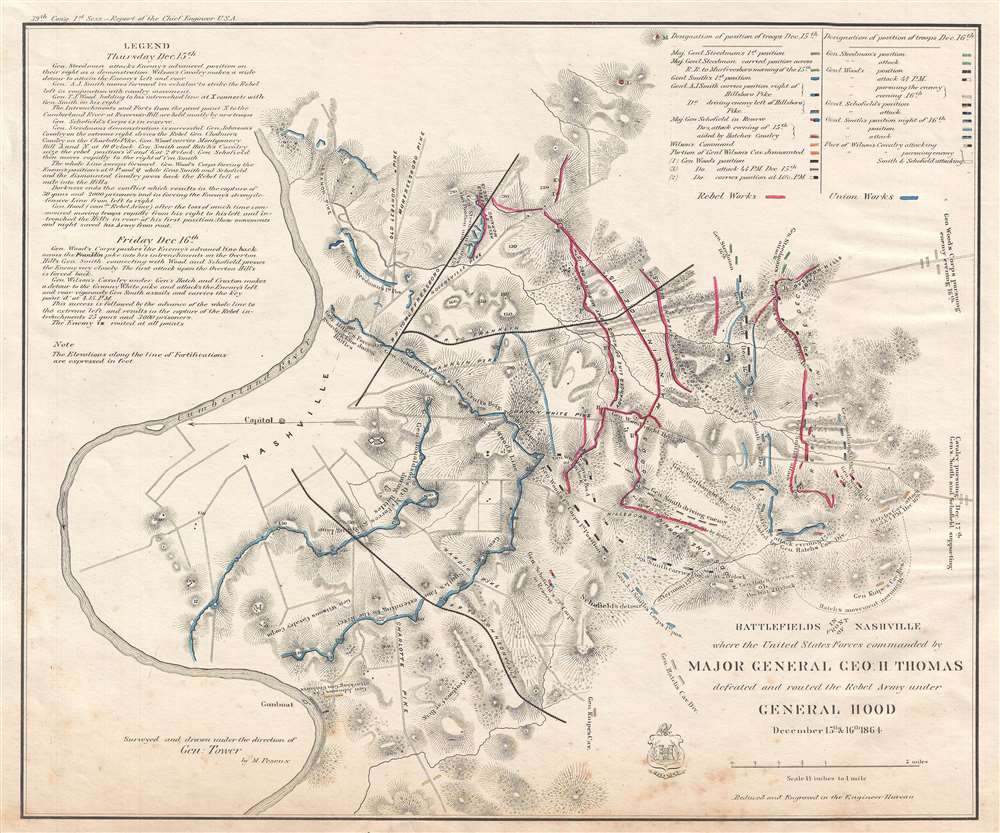 1866 Peseux Map of the Battlefields near Nashville, TN during the U.S. Civil War