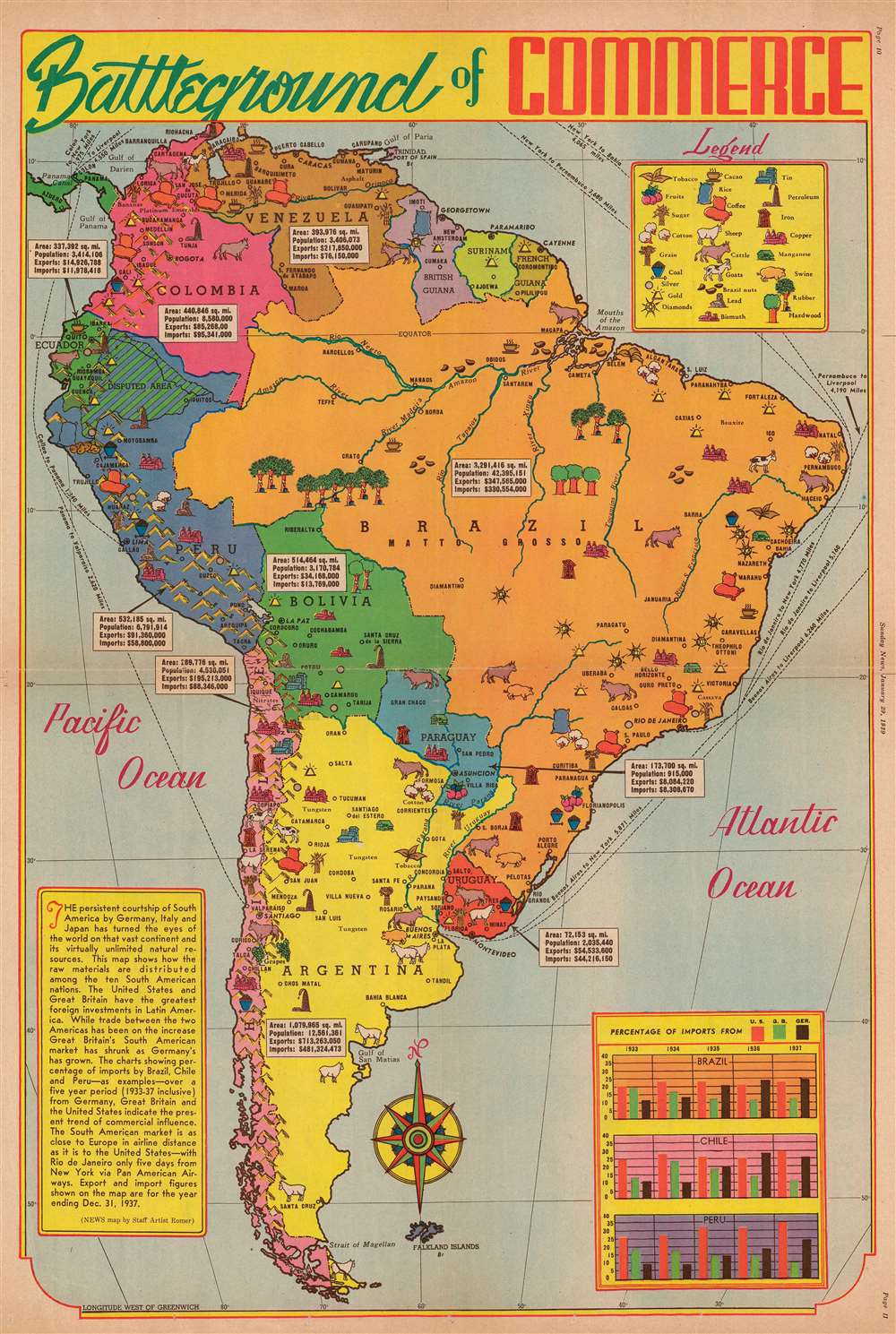 1939 Romer Pictorial Resource Map of South America