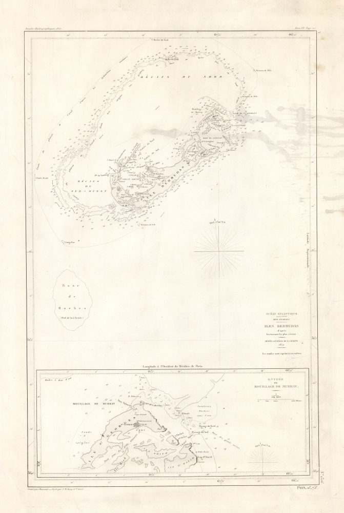 1852 Depot de la Marine Nautical Chart or Map of Bermuda