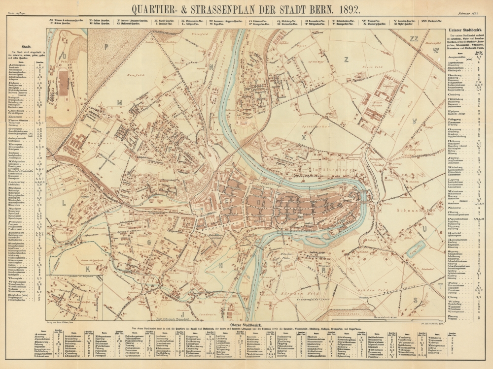 Quartier- und Strassenplan der Stadt Bern. 1892. / Plan der Stade Bern. Mit Strassenverzeichniss und Hausnummern. - Main View