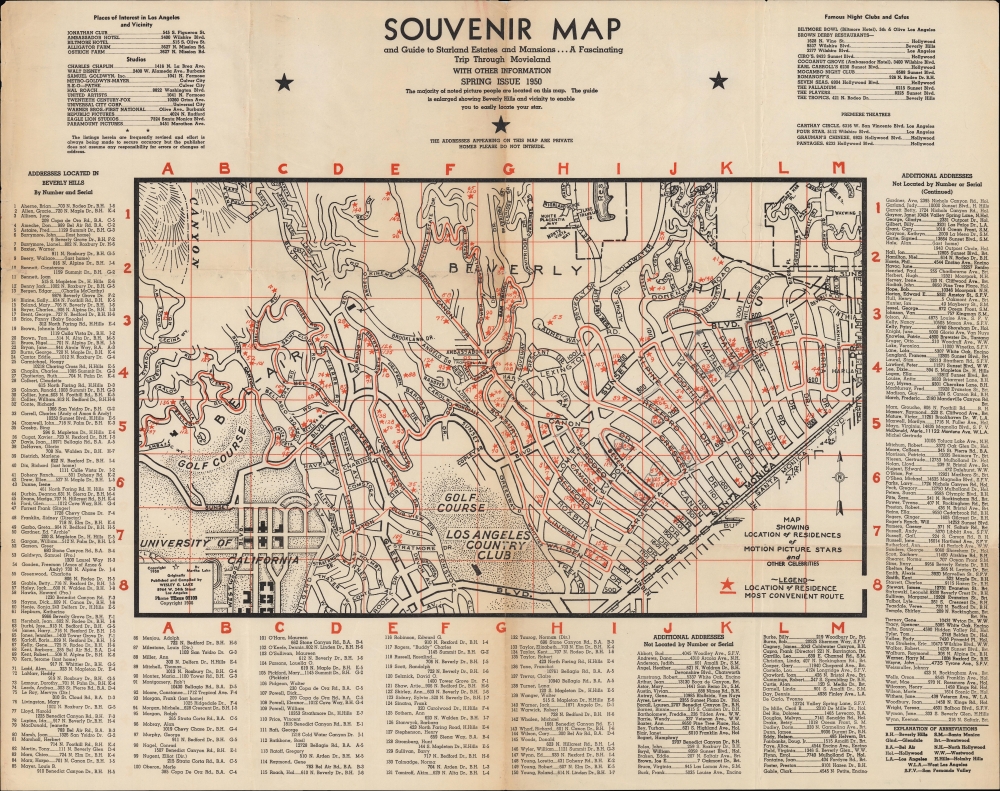 Souvenir Map and Guide to Starland Estaes and Mansions… A Fascinating Trip Through Movieland With Other Information Spring Issue 1950. - Main View