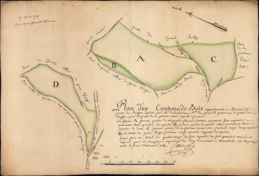 1781 Carre Manuscript Map of the Bois de la Grande Cahume, Côte-d'Or, France