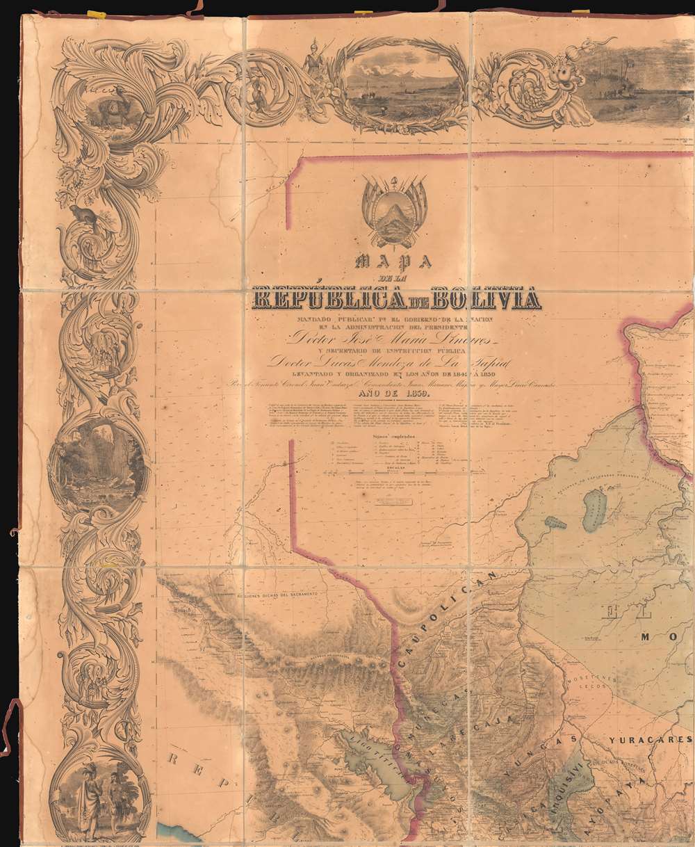 Mapa de la Republica de Bolivia mandado publicar pr el Gobierno de la Nacion en la Administracion del Presidente Doctor José Maria Linares...  Levantado y organindo en los años de 1842 à 1859 Por el Teniente Coronel Juan Ondarza, Commandante Juan Mariano Mujia y Mayor Lucio Camacho. - Alternate View 2