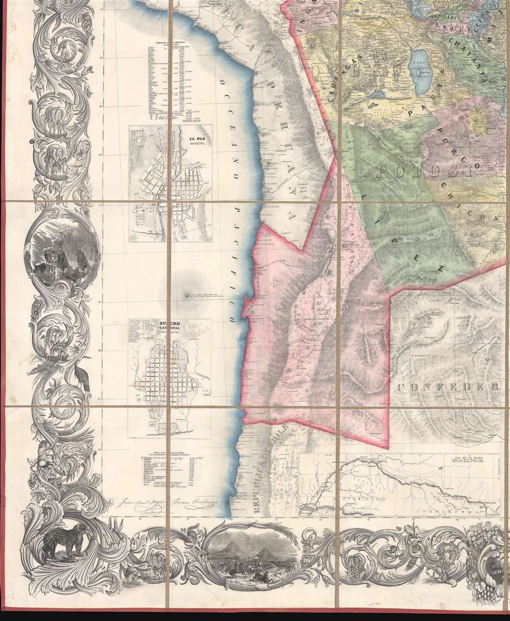 Mapa de la Republica de Bolivia mandado publicar pr el Gobierno de la Nacion en la Administracion del Presidente Doctor José Maria Linares...  Levantado y organindo en los años de 1842 à 1859 Por el Teniente Coronel Juan Ondarza, Commandante Juan Mariano Mujia y Mayor Lucio Camacho. - Alternate View 4