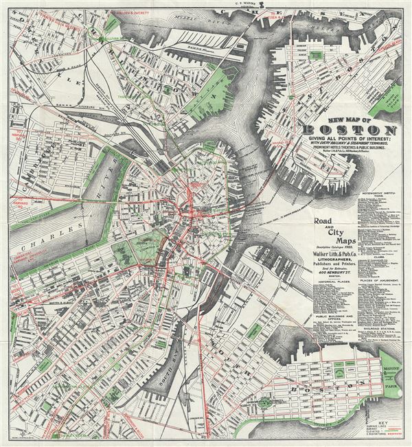 New Map of Boston Giving All Points of Interest : With Every Railway and Steamboat Terminus, Prominent Hotels Theatres and Public Buildings. - Main View