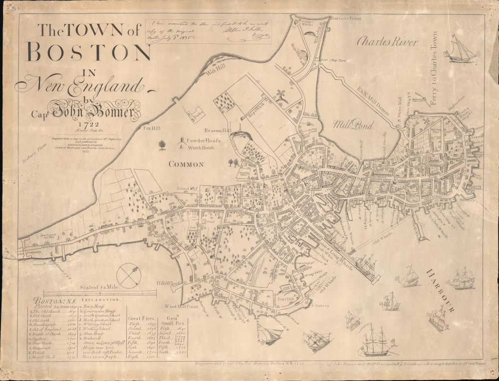 The Town of Boston in New England by Capt. John Bonner 1722. - Main View