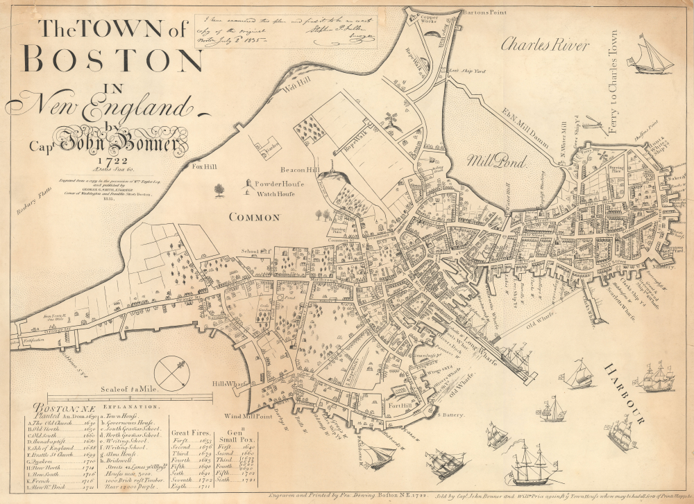 The Town of Boston in New England by Capt. John Bonner 1722. - Main View