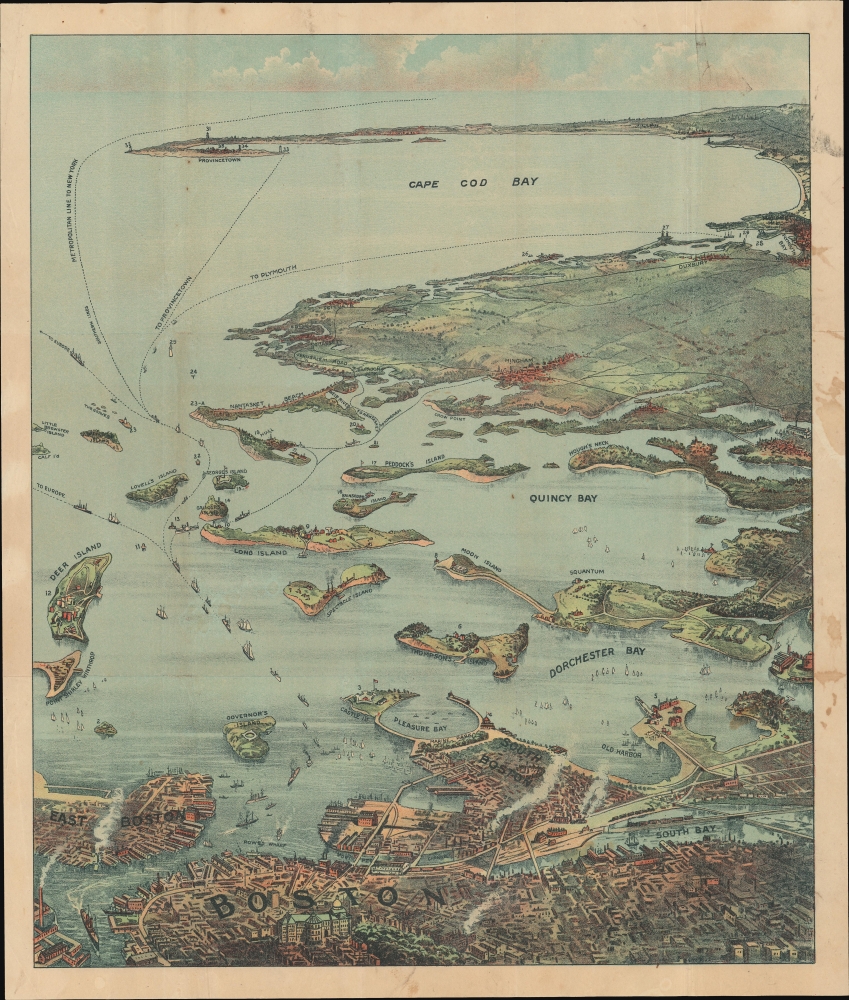 Bird's Eye View of Boston Harbor and South Shore to Provincetown Showing Steamship Routes. - Main View