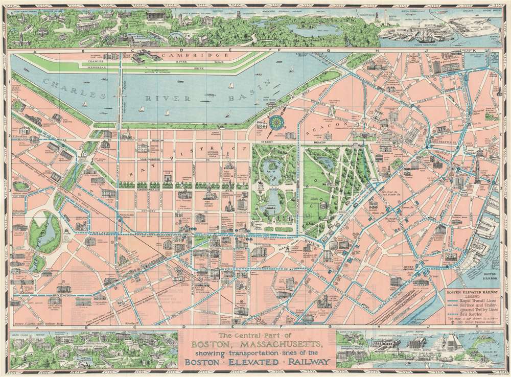 The Central Part of Boston, Massachusetts, showing transportation lines of the Boston Elevated Railway. - Main View