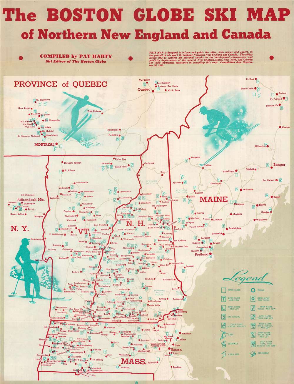 Boston Globe Ski Map of Northern New England and Canada. - Main View