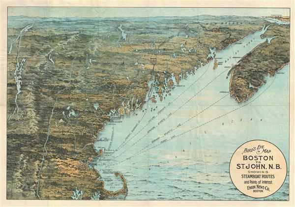 Bird's Eye Map Boston to St. John, N.B. Showing Steamboat Route and Points of interest. - Main View