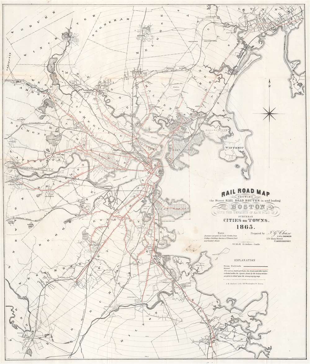 Railroad Map Showing the Street Rail Road Routes in and leading from Boston with the Terminus of Each Road in Suburban Cities and Towns. - Main View