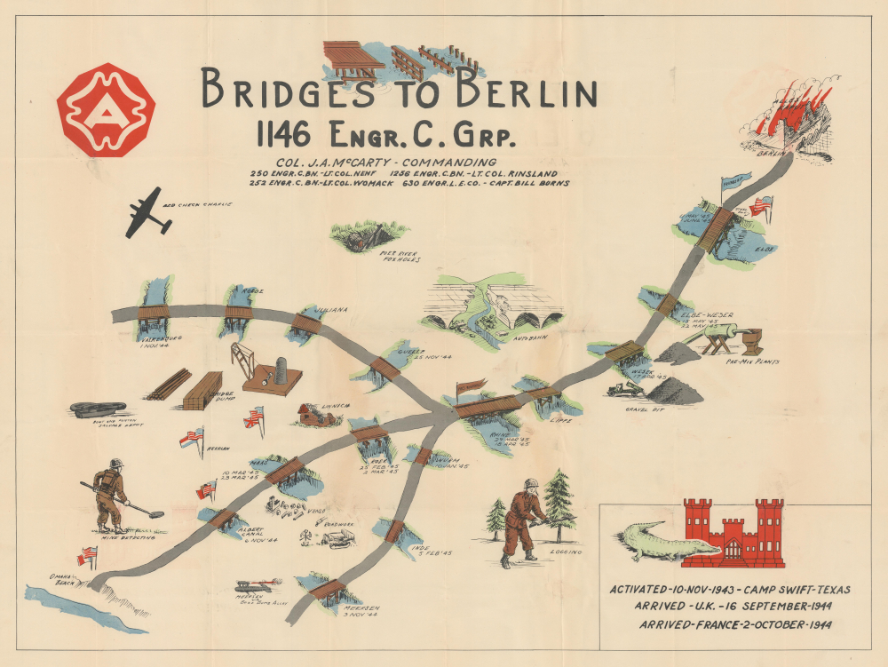 1945 WWII 1146 Engineer Combat Group Pictorial Map of Bridges Built to Berlin