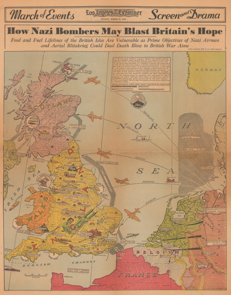 1940 Los Angeles Examiner Pictorial Map of a Possible Nazi Attack on Britain