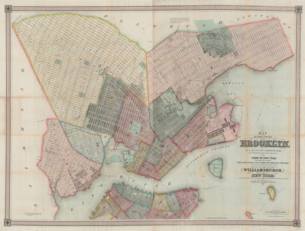 Map of the city of Brooklyn, as laid out by commissioners, and confirmed by acts of the Legislature of the state of New York, made from actual surveys the farm lines and names of original owners being accurately drawn from authentic sources. Containing also a map of the Village of Williamsburgh, and part of the city of New-York: compiled from accurate surveys and documents and showing the true relative position of all. - Main View