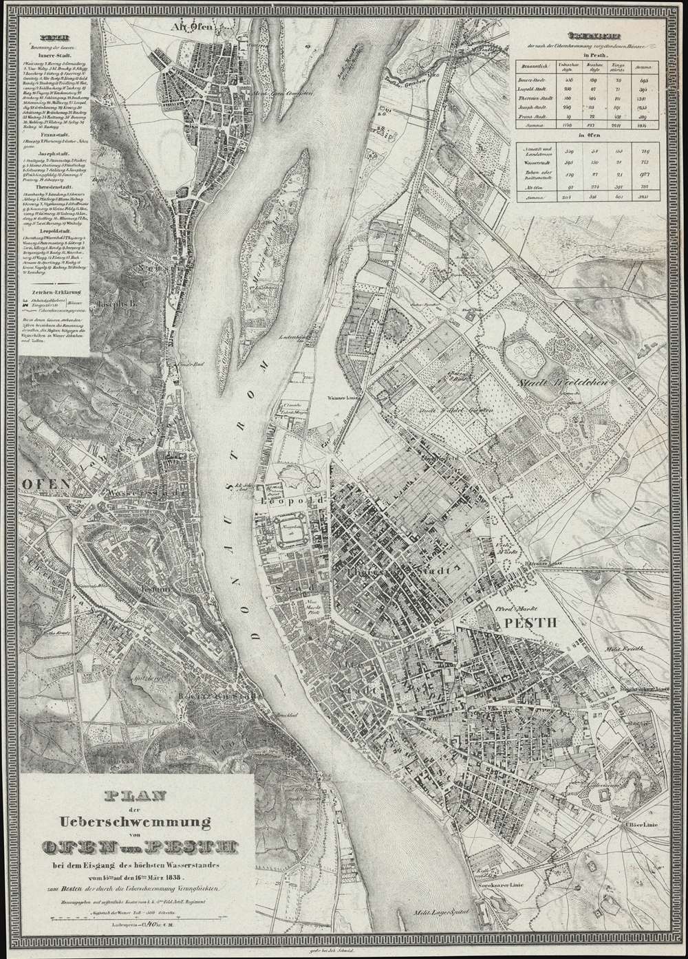Plan der Ueberschwemmung von Ofen und Pesth bei dem Eisgang des höchsten Wasserstandes vom 15ten auf den 16ten März 1838. - Main View