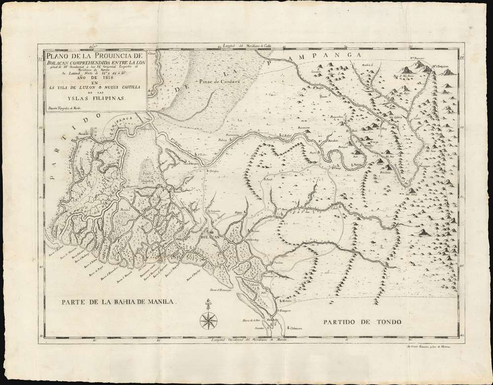 Plano de la Prouincia de Bulacan Comprehendida Entra La Lon gitud de 18' Occidental à los 14' Oriental Respecto al Meridiano de Manila Su Latiud Norte de 14° y 42' à 15° Año de 1818 en La Ysla de Luzon ò Nueua Castilla de la Yslas Filipinas. - Main View