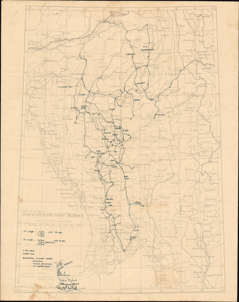 1943 Survey Headquarters Diazotype Manuscript Map of the Burma Campaign