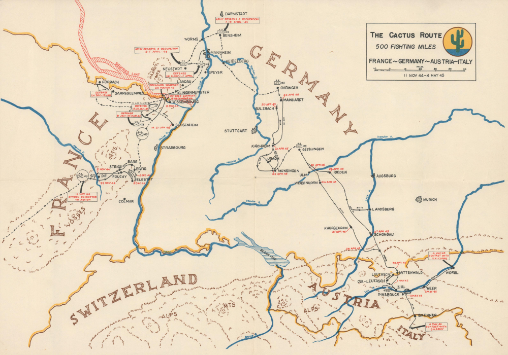 1945 WWII Unit Route Map of the 103rd Infantry Division in France, Germany, and Italy