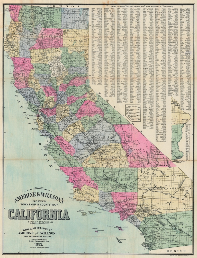 Amerine and Willson's Indexed Township and County Map of California. - Main View