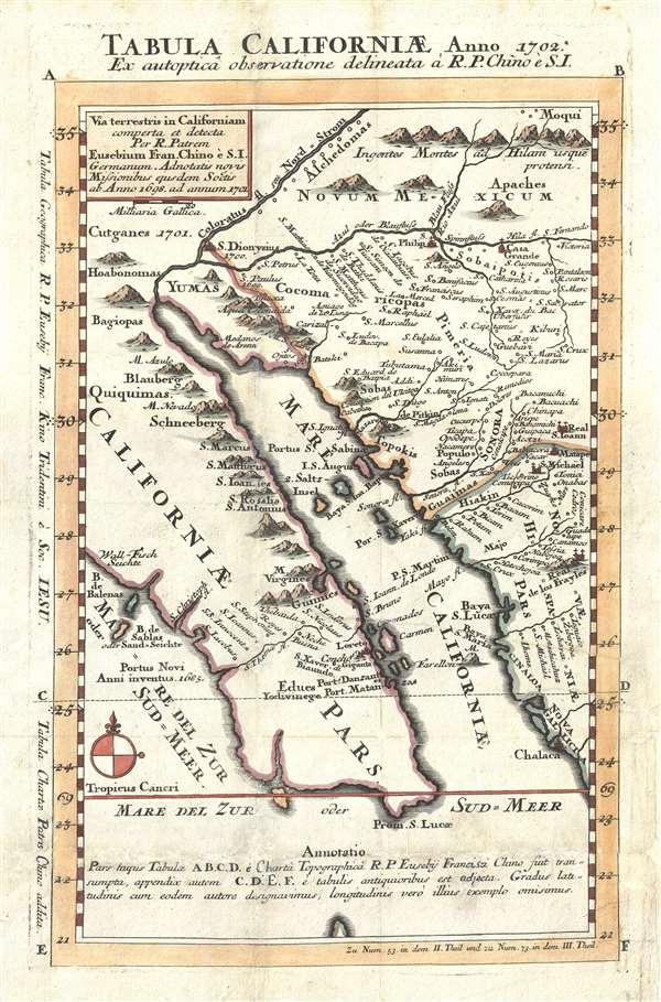 Tabula Californiae Anno 1702 Ex autoptica observatione delineata a R.P. Chino e S.I. / Via terristris in Californiam comperta et detecta per R. Patrem Eusebium Fran. Chino è S.I. Germanum. Adnotatis novis missionibus esusdem Soctis ab Anno 1698 ad annum 1701. - Main View