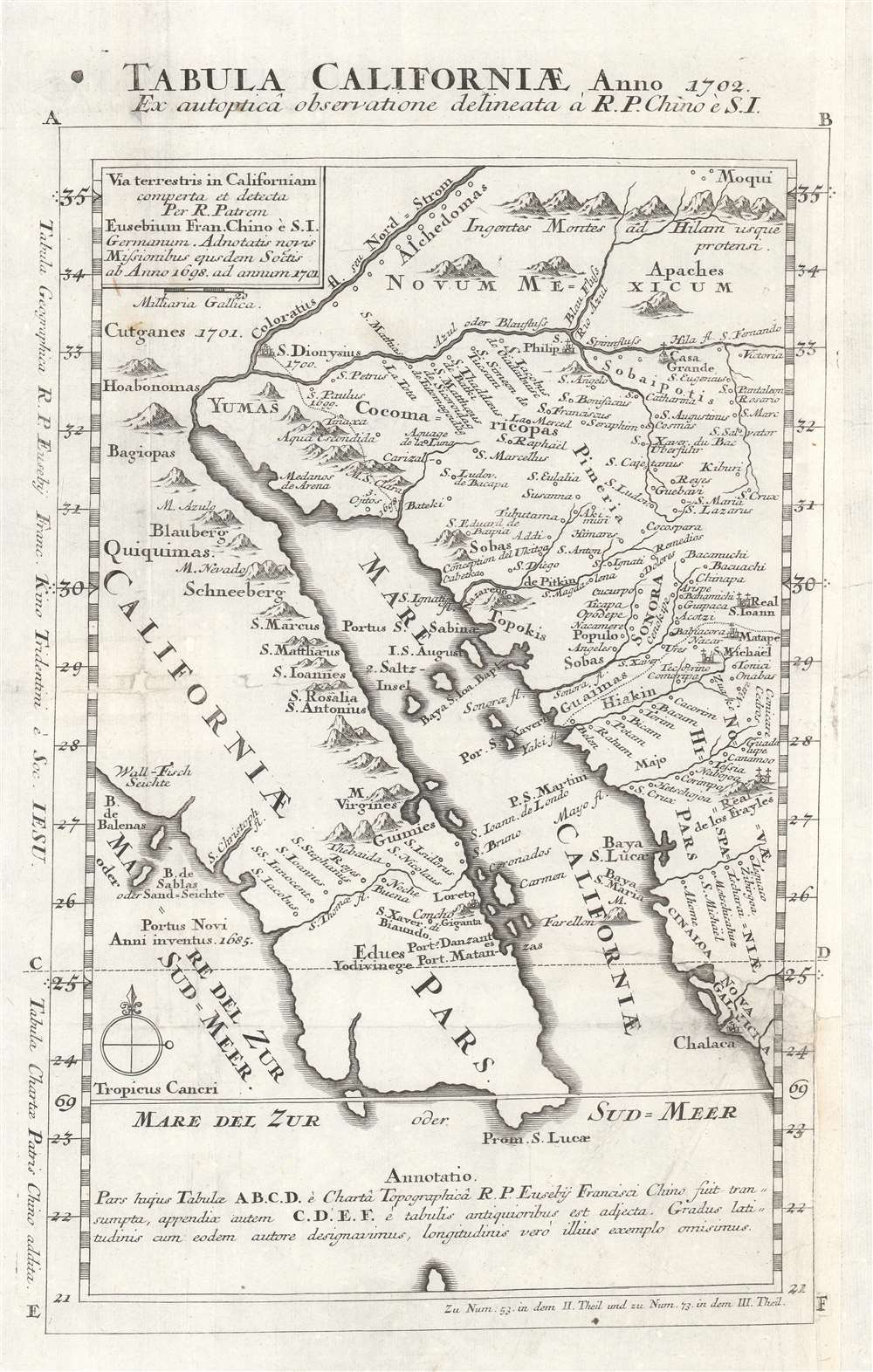 Tabula Californiae Anno 1702 Ex autoptica observatione delineata a R.P. Chino e S.I. / Via terristris in Californiam comperta et detecta per R. Patrem Eusebium Fran. Chino è S.I. Germanum. Adnotatis novis missionibus esusdem Soctis ab Anno 1698 ad annum 1701. - Main View