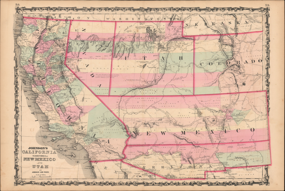 1863 Johnson Map of California, New Mexico, 'Confederate' Arizona, Utah, and Colorado