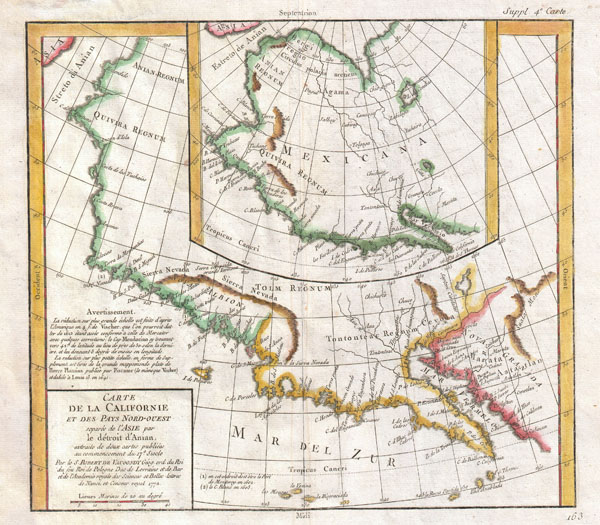 Carte De La Californie et Des Pays Nord-Ouest separes de L'Asie par le Detroit d'Anian, extraite de deux cartes publiees au commencement de 17e Siecle. - Main View