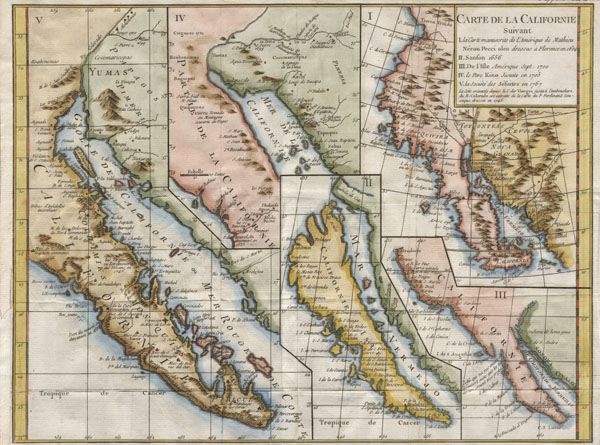 Carte de la Californie suivant /  I. La carte manuscrite de l'Amérique de Mathieu Néron Pecci olen dresse à Florence en 1604 / II. Sanson 1656 / III. De L'Isle Amérique Sept. 1700 / IV. le Pere Kino Jesuite en 1705 / V. La Societe des Jésuites en 1767. - Main View