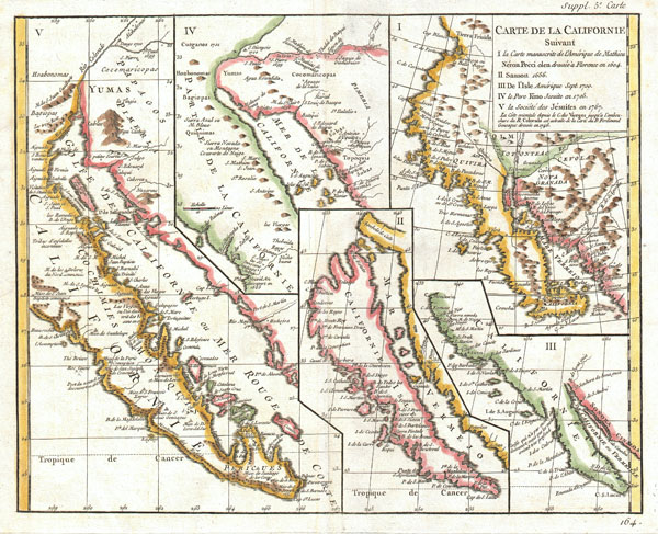 Carte de la Californie suivant /  I. La carte manuscrite de l'Amérique de Mathieu Néron Pecci olen dresse à Florence en 1604 / II. Sanson 1656 / III. De L'Isle Amérique Sept. 1700 / IV. le Pere Kino Jesuite en 1705 / V. La Societe des Jésuites en 1767. - Main View