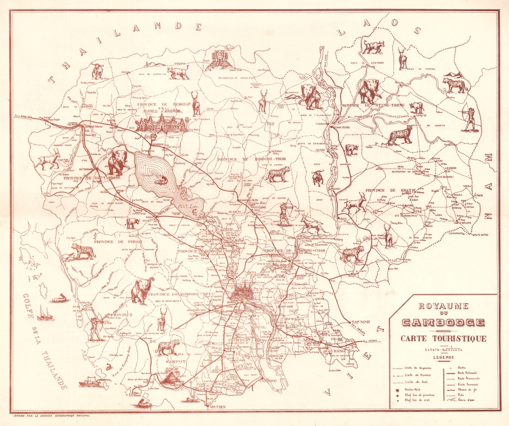 1950 Service Geographique Pictorial Tourist Map of Cambodia