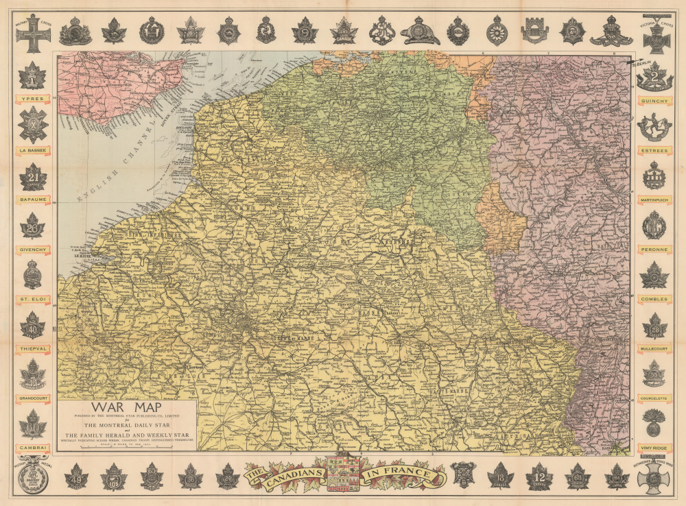 1918 Montreal Star World War I Map of France and Belgium (Western Front)