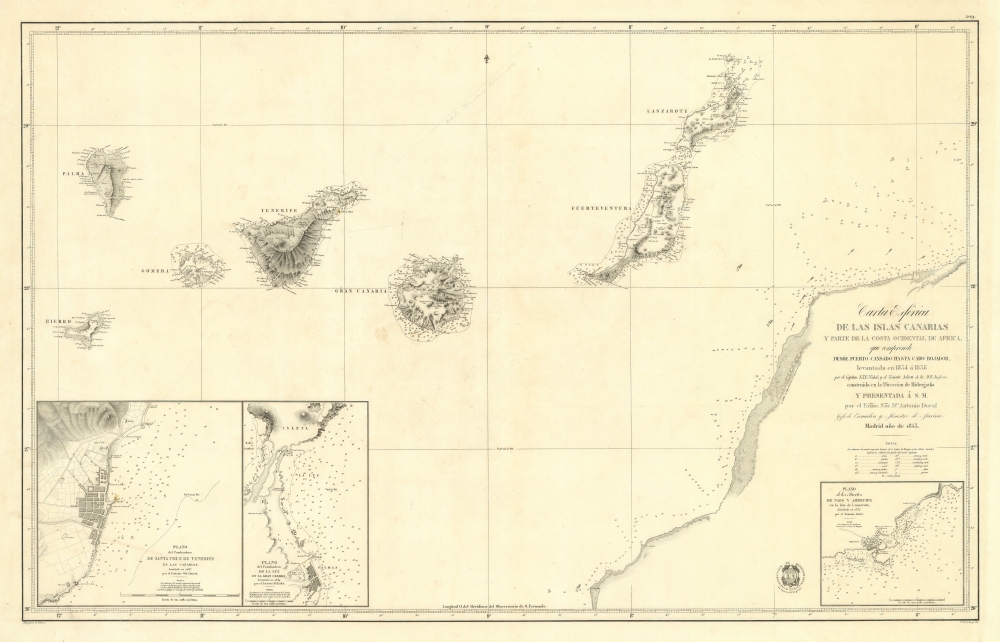 Carta Esférica de las Islas Canarias y Parte de la Costa Ocidental de Africa, que Comprende desde Puerto Cansado Hasta Cabo Bojador, levantada en 1834 á 1838. - Main View