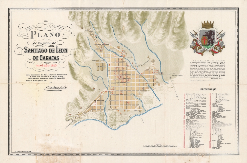 Plano de la ciudad de Santiago de Leon de Caracas en el ano 1810 segun apuntaciones del ilustrisimo Senor Don Mariano Martin y planos de F. de Pons; A.J. Jesurun y otros, historiadores e ingenieros, desde 1771 hasta 1843. - Main View