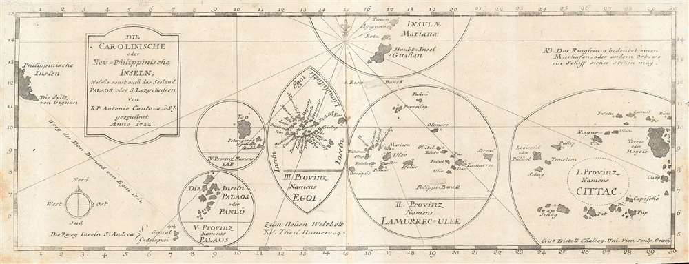 Die Carolinische oder Neu=Philippinische Inseln; Welche sonst auch das Seeland Palaos oder S. Lazari heissen von R. P. Antonio Cantova, e S. J. gezeichnet Anno 1722. - Main View