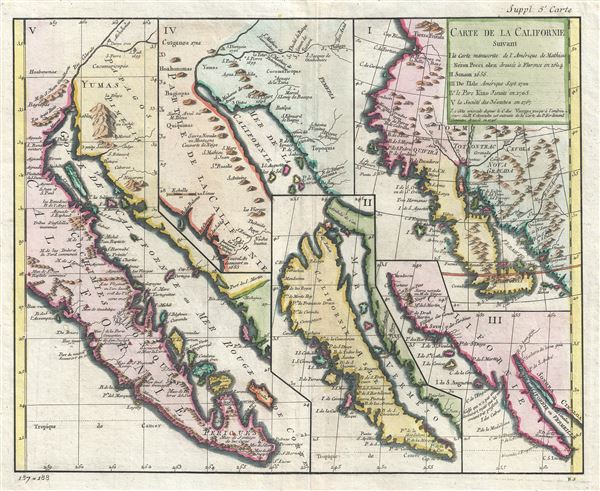 Carte de la Californie suivant.  I. La carte manuscrite de l'Amerique de Mathieu Neron Pecci olen dresse a Florence en 1604.  II. Sanson 1656.  III. De L'Isle Amerique Sept. 1700.  IV. le Pere Kino Jesuite en 1705.  V. La Societe des Jesuites en 1767. - Main View