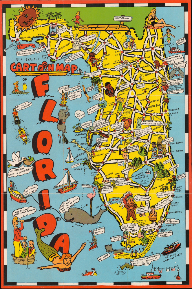 1946 Skacel Cartoon Map of Florida