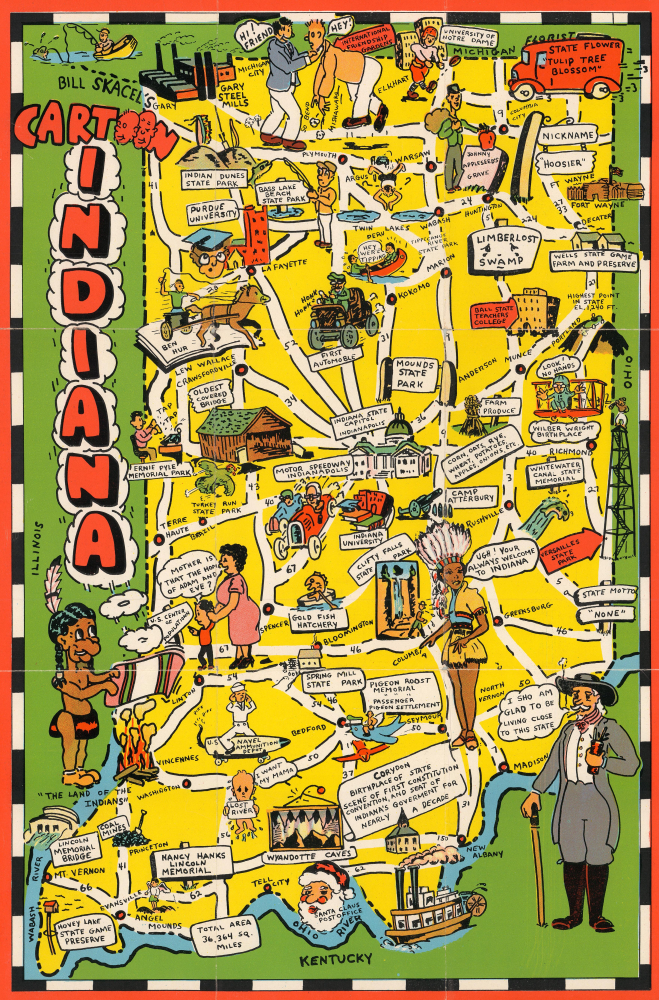 1946 Skacel Cartoon Map of Indiana
