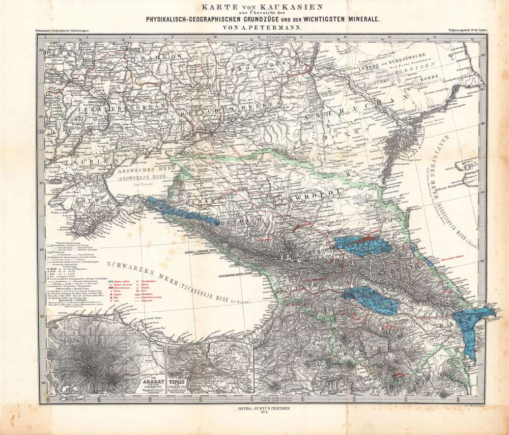 Karte von Kaukasien zur Übersicht der physikalisch-geographischen Grundzüge und der wichtigsten Minerale. - Main View