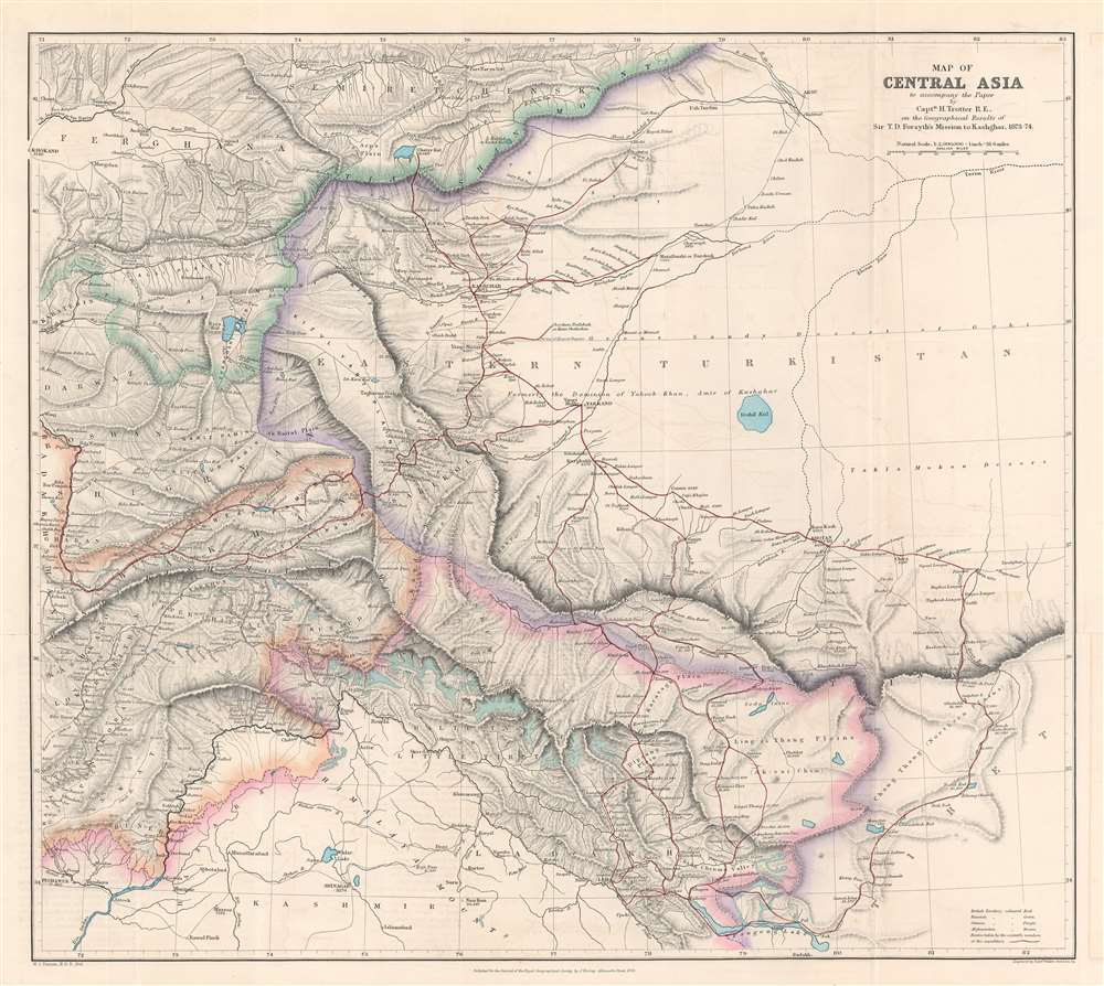 Map of Central Asia to accompany the Paper by Captain H. Trotter R.E., on the Geographical Results of Sir T.D. Forsyth's Mission to Kashgar, 1873 - 74. - Main View
