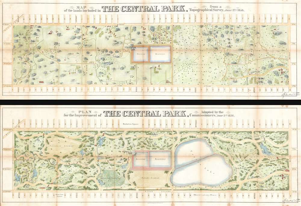 Map of the Lands Included in The Central Park, from a Topographical Survey, June 17th 1856.   Plan for the Improvement of The Central Park, Adopted by the Commissioners, June 3rd 1856. - Main View