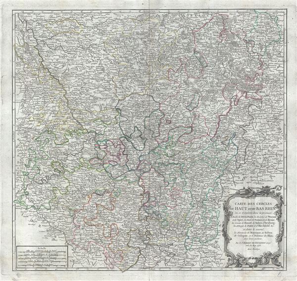 Carte des Cercles du Haut et du Bas Rhin ou se trouvent dans le premier, le Duche de Deux-Ponts, les Echeves de Worms, et de Spire, les Etats de Nassau et de Hesse, les Comtes de Hanaw, de Solms, d'Isenburg, les Abbeyes de Fulde et d'Hirchfeld &c., et dans le second, les Electorats de Mayence, de Treves, de Cologne, et le Palatinat du Rhin, avec leurs enclaves. - Main View