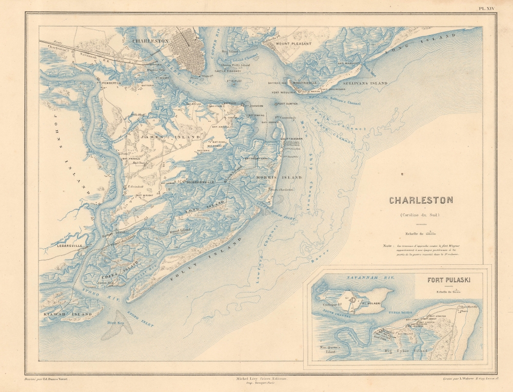 1890 Vorzet Map of Charleston and Charleston Harbor, South Carolina