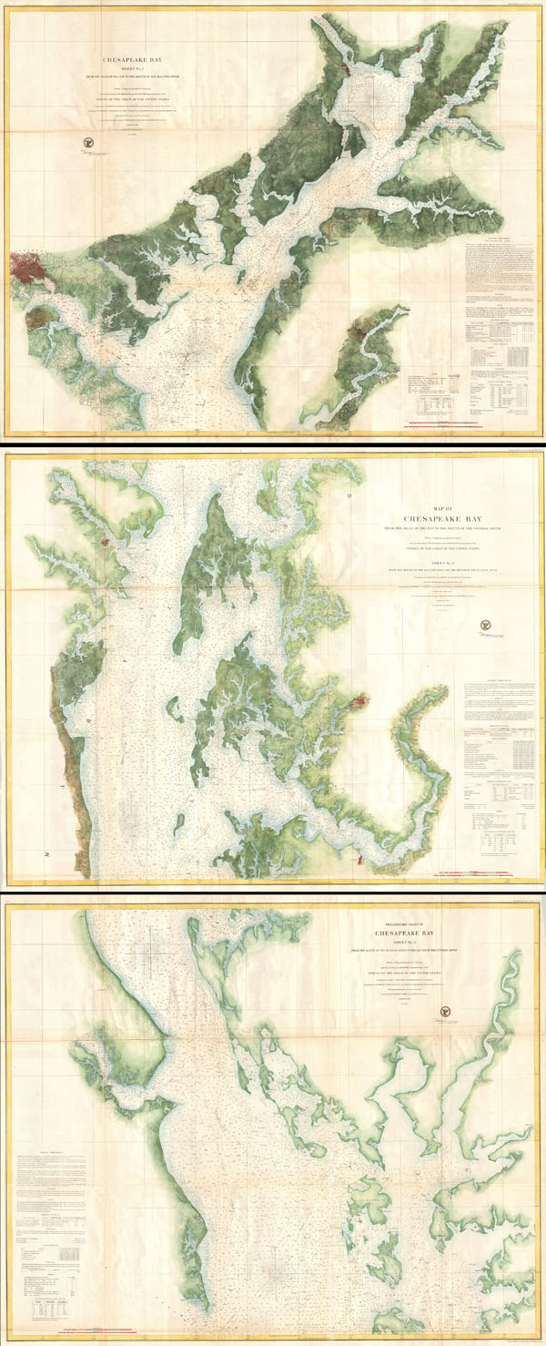 Chesapeake Bay Sheet No. 1 From the Head of the Bay to the Mounth of the Magothy River. - Chesapeake Bay From the Head of the Bay to the Mouth of the Potomac River. Sheet No. 2 From the Mouth of the Magothy River to the Mouth of the Hudson River. - Preliminary Chart of Chesapeake Bay Sheet No. 3 From the Mouth of the Hudson River to the Mouth of the Potomac River. - Main View