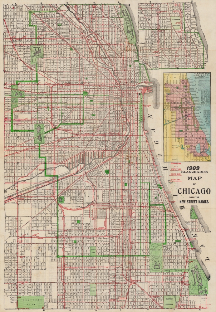 Blanchard's map of Chicago with new street names, steam railroads, street car lines, street numbers and sections. - Main View