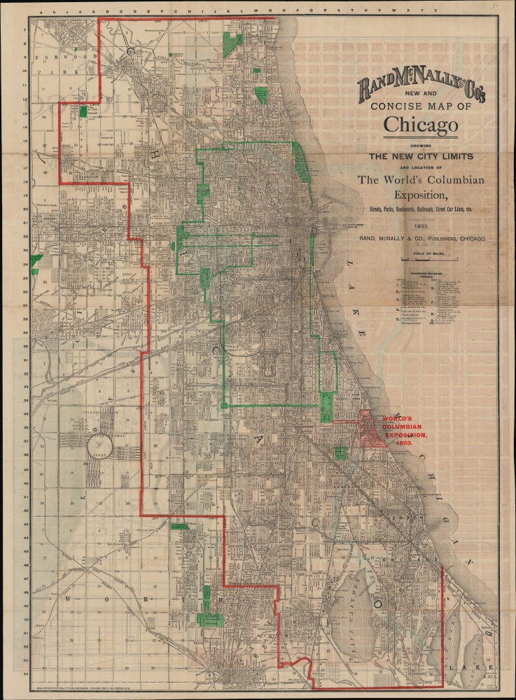 Rand McNally and Co.'s new and concise map of Chicago showing the new city limits and location of the World's Columbian Exposition, streets, parks, boulevards, railroads, street car lines, etc. - Main View