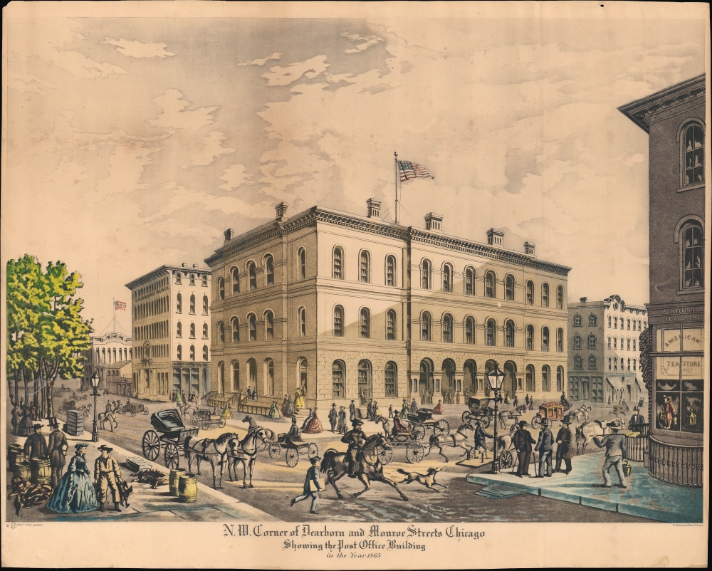 N.W. Corner of Dearborn and Monroe Streets, Chicago, Showing the Post Office Building in the Year 1865. - Main View