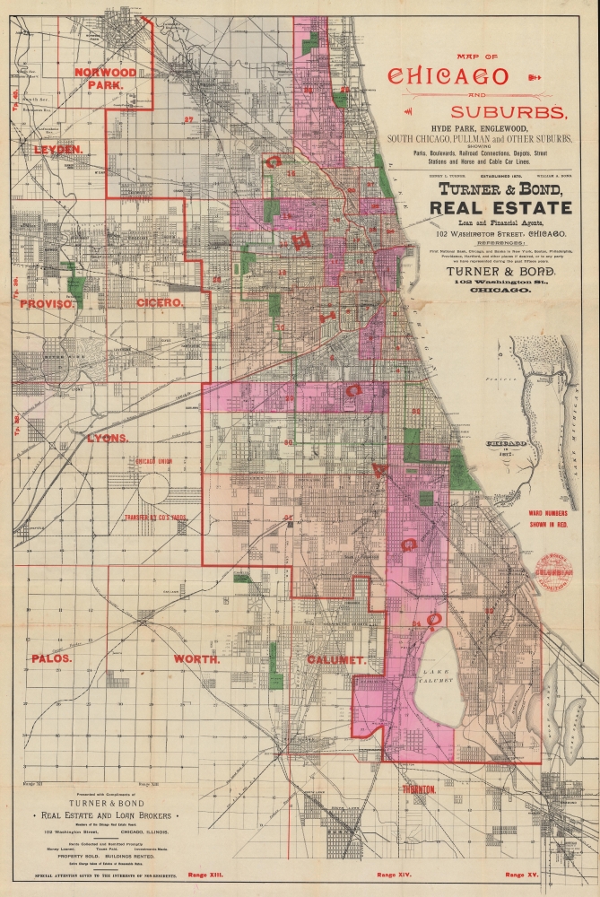 Map of Chicago and Suburbs, Hyde Park, Englewood, South Chicago, Pullman and Other Suburbs, showing Parks, Boulevards, Railroad Connections, Depots, Street Stations and Horse and Cable Car Lines. - Main View